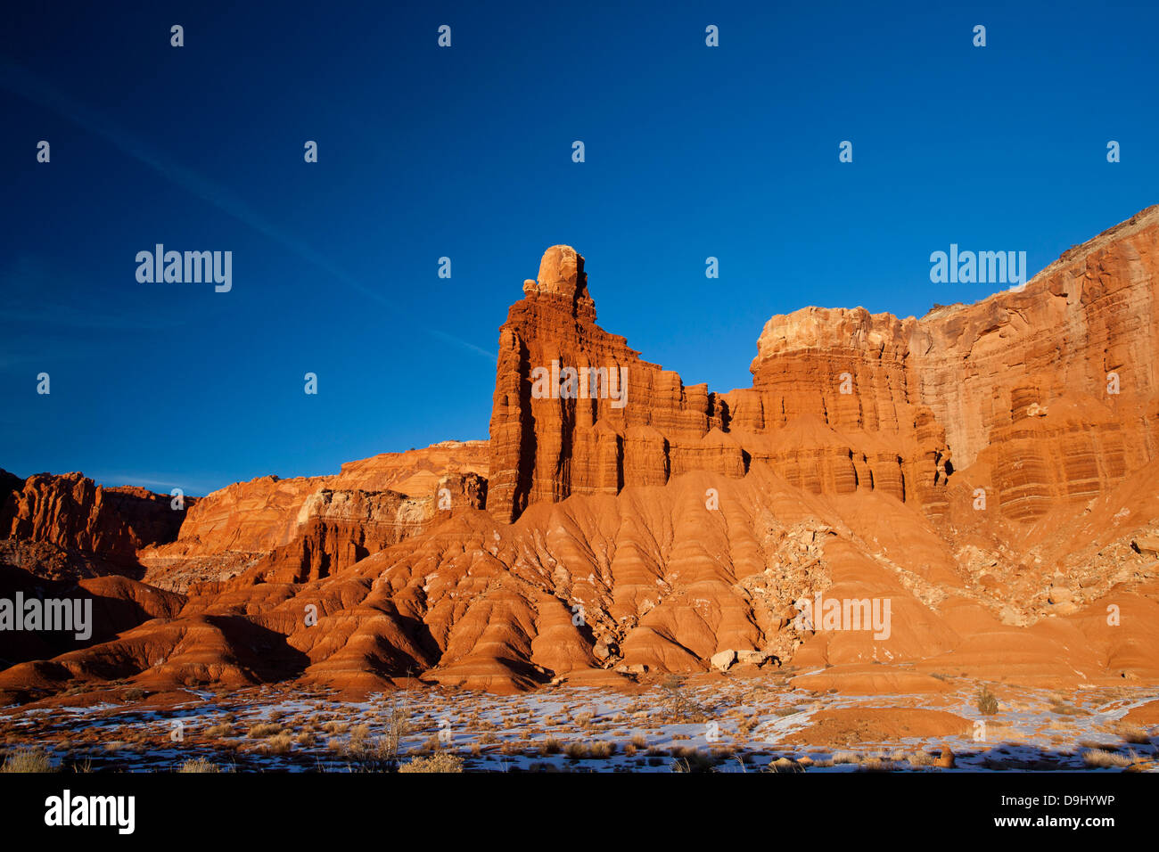 Chimney Rock sandstone pillar rock formation late afternoon, Capitol Reef National Park, Utah, United States of America Stock Photo