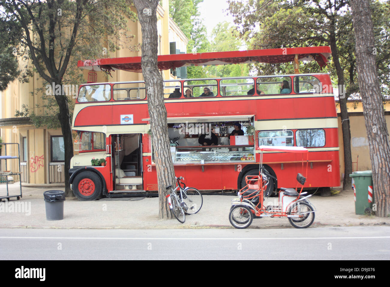 Converted old AEC Routemaster bus as beach bar in Lido, Venice. Stock Photo