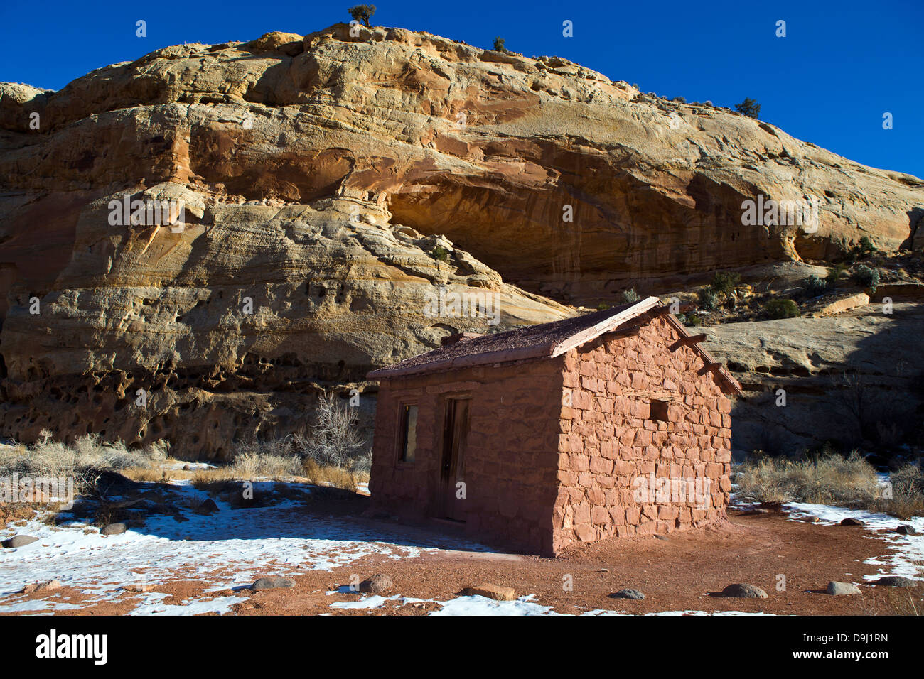 Elijah Cutler Behunin Cabin, a single story home constructed of sandstone and plaster-cement wash, Capitol Reef National Park, Utah, United States of America Stock Photo