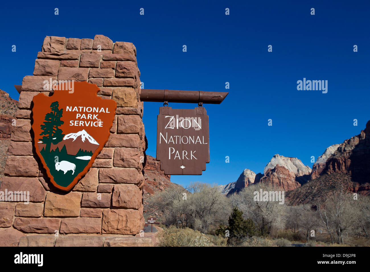 National Park Service welcome sign, entrance of Zion National Park, Utah, United States of America Stock Photo