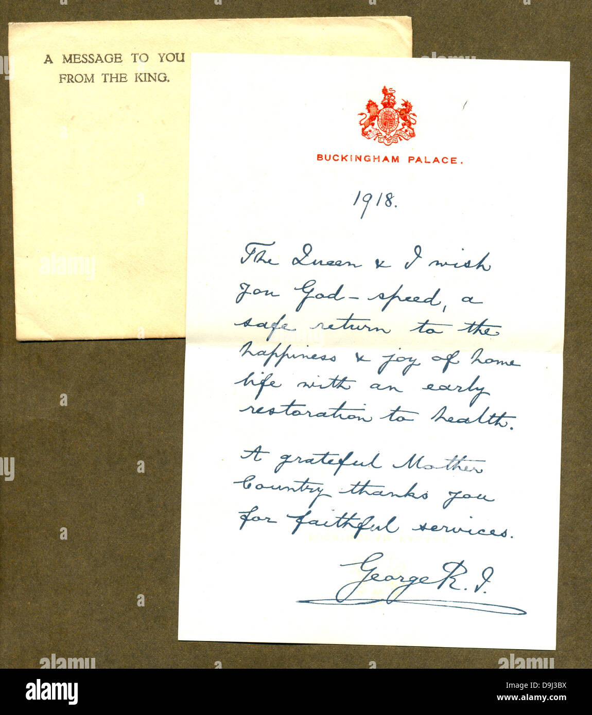 World War One letter of thanks and envelope to serving personnel from King George V. Stock Photo