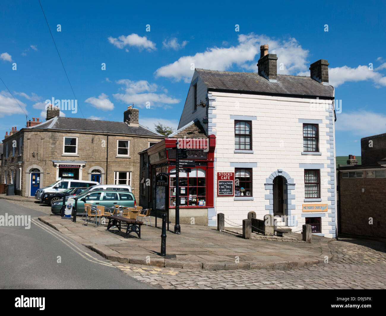 Rows of cottages and tea room  in Chapel-en-le-Frith  a small town  in Derbyshire, England Stock Photo
