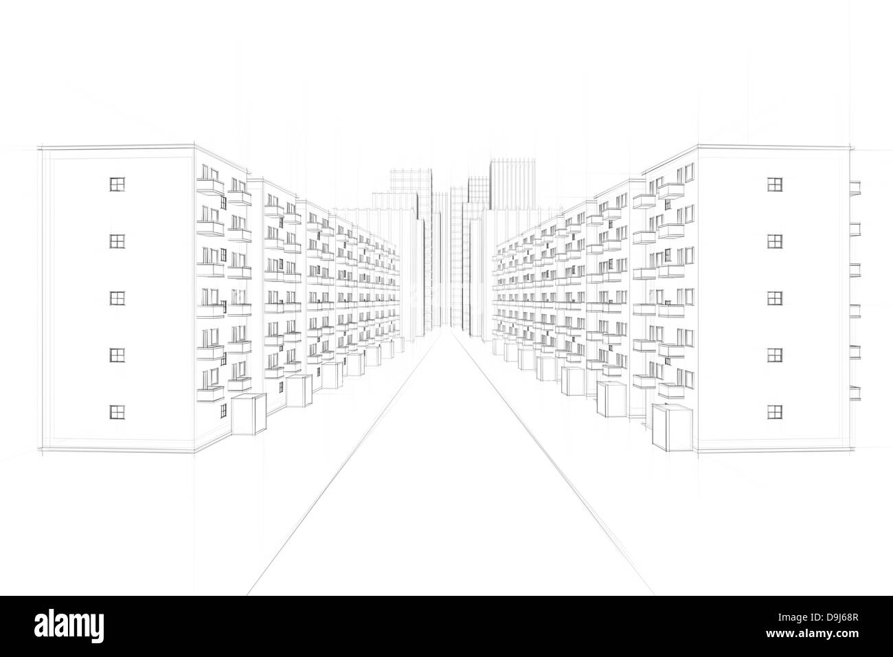 drawing of a city street with houses and skyscrapers Stock Photo