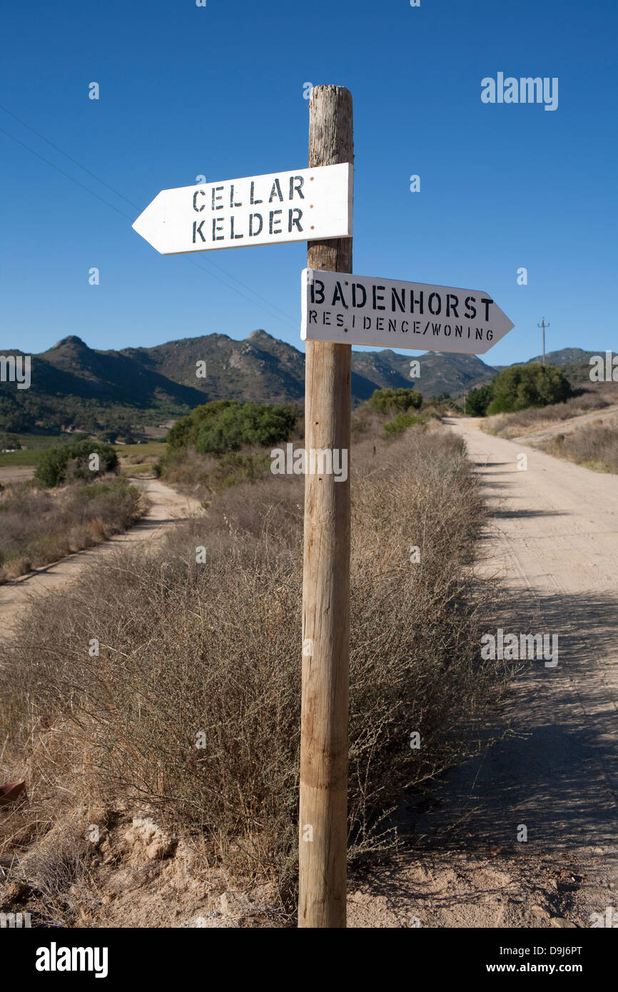 A sign post to Badenhorst cellar, Badenhorst vineyard, Swartland wine route, Western Cape, South Africa Stock Photo