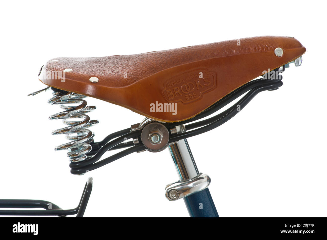 Brown leather bike seat shot on a white background. Stock Photo