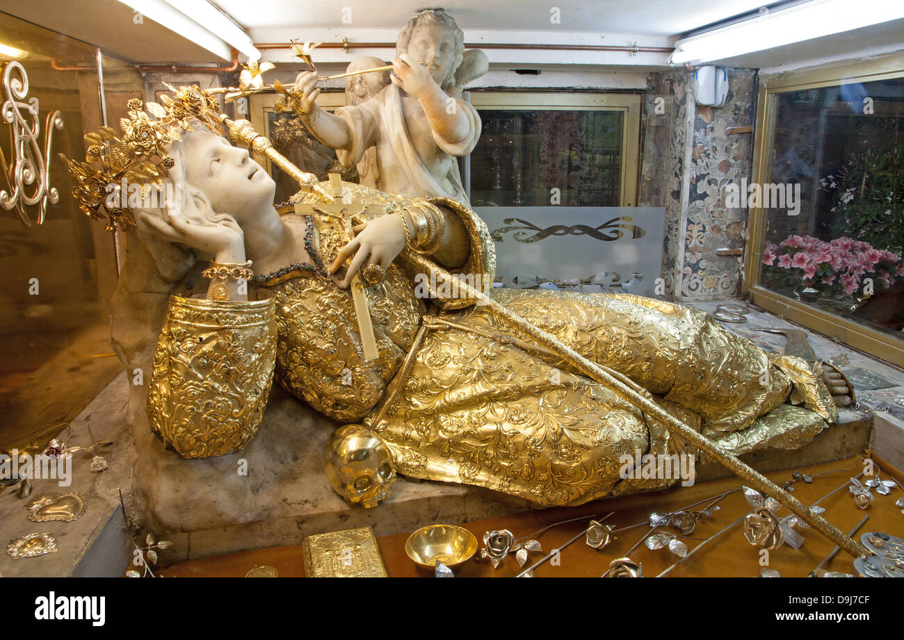 PALERMO - APRIL 9: Statue of Santa Rosalia patron saint of Palermo in cave of Santuario Santa Rosalia. Stock Photo
