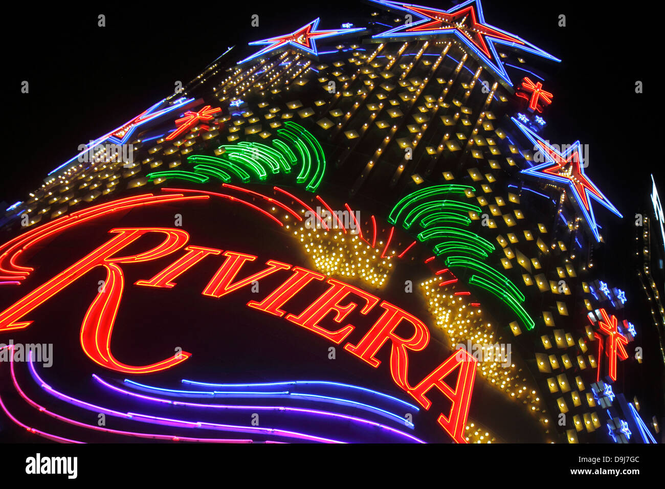 Las Vegas Nevada,The Strip,South Las Vegas Boulevard,Riviera Casino &,hotel,neon sign,exterior,night evening,NV130330107 Stock Photo
