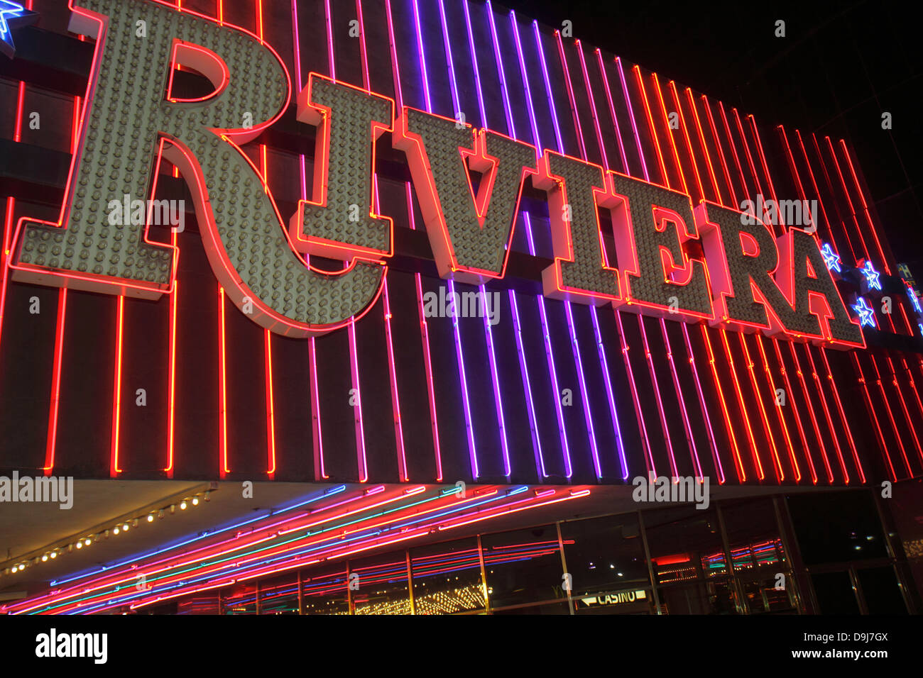 Las Vegas Nevada,The Strip,South Las Vegas Boulevard,Riviera Casino &,hotel,neon sign,exterior,night evening,NV130330108 Stock Photo