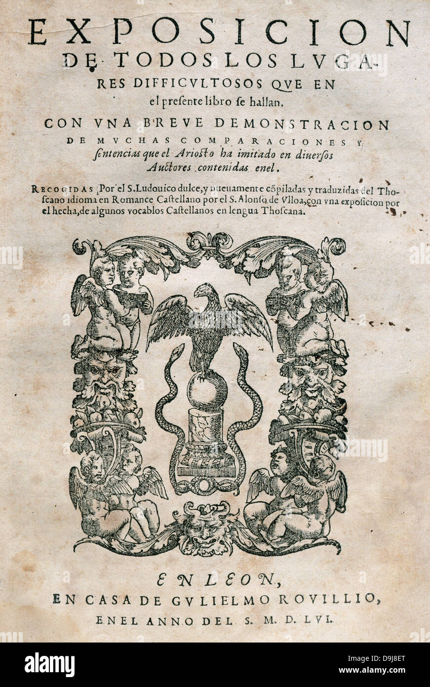Ludovico Ariosto (1474-1533). Italian poet. Book cover 'Orlando Furioso, edited in Lyon (Lugdunum), 1556. First song. Stock Photo