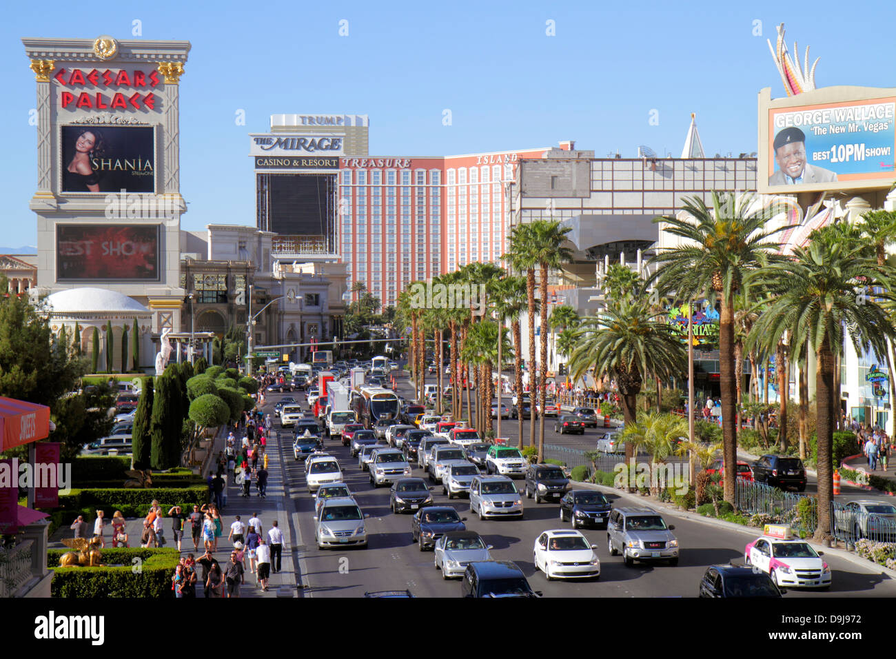 Las Vegas Nevada,The Strip,South Las Vegas Boulevard,Caesars Palace Las Vegas Hotel & Casino,Treasure Island Hotel & Casino,Mirage Resort & Casino,hot Stock Photo
