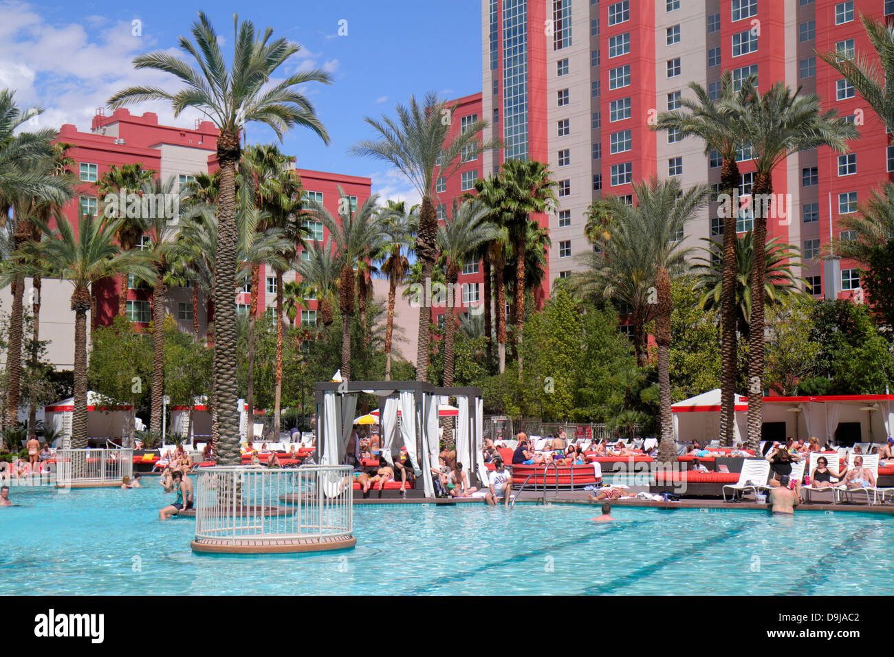 Las Vegas Nevada,The Strip,South Las Vegas Boulevard,Flamingo Las Vegas Hotel & Casino,swimming pool area,sunbathers,guests,NV130401026 Stock Photo
