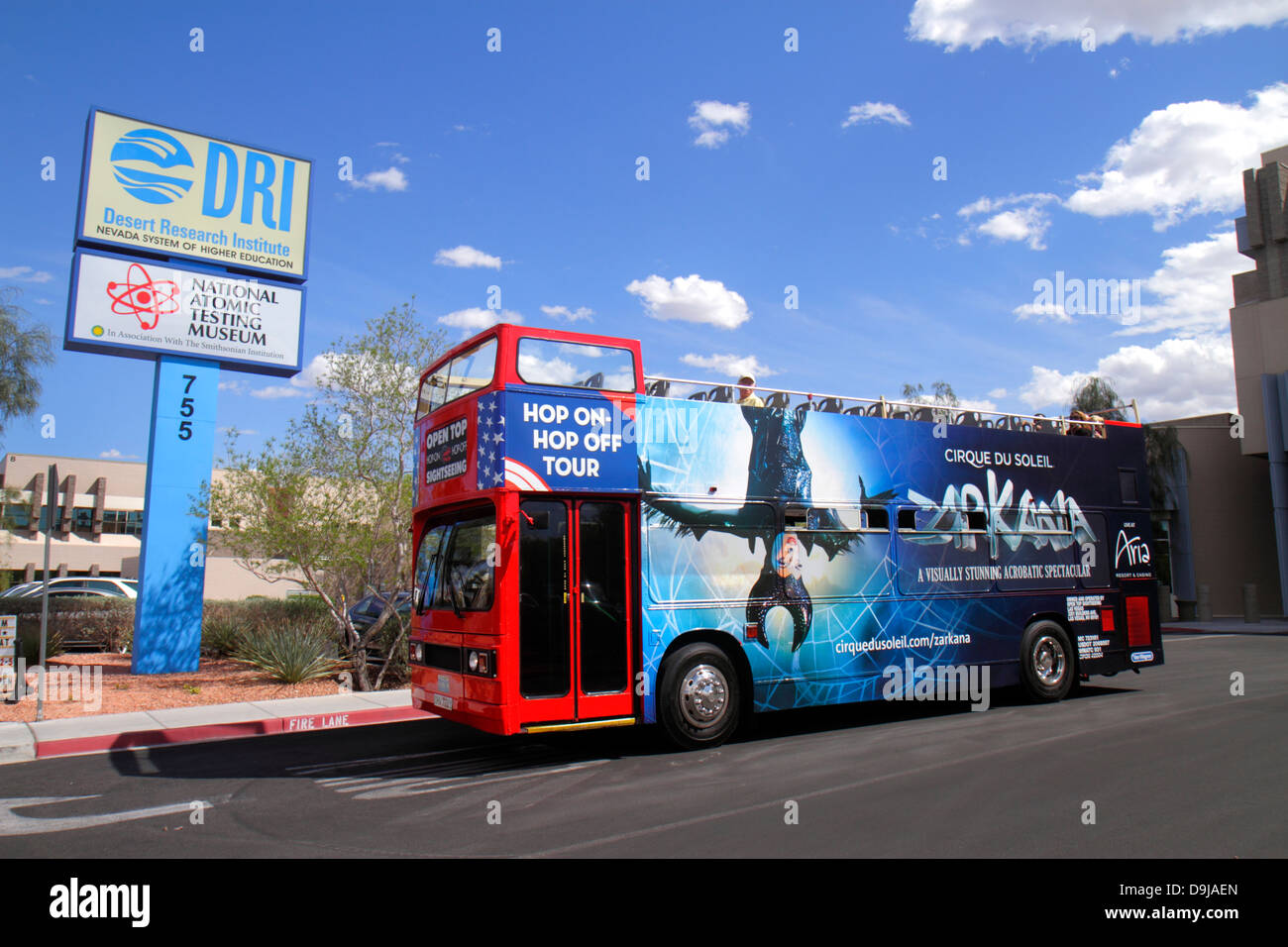Las Vegas Nevada,Flamingo Road,National Atomic Testing Museum,nuclear weapons development,Area 51,bus,coach,double decker,Hop On Hop Off,visitors trav Stock Photo