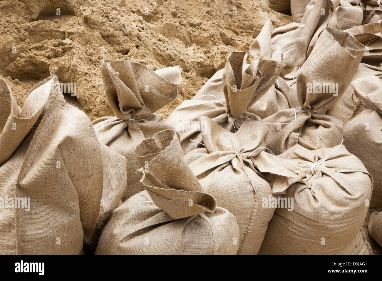 sand sack as barrier for high flood in Bratislava Stock Photo