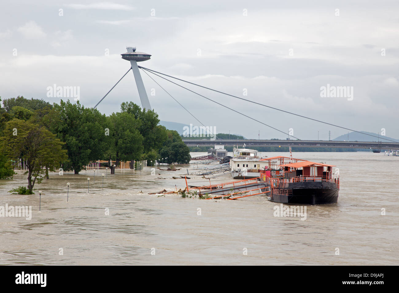 BRATISLAVA - JUNE 5: Danube waterfront in the city at high flood by highest measured wate Stock Photo