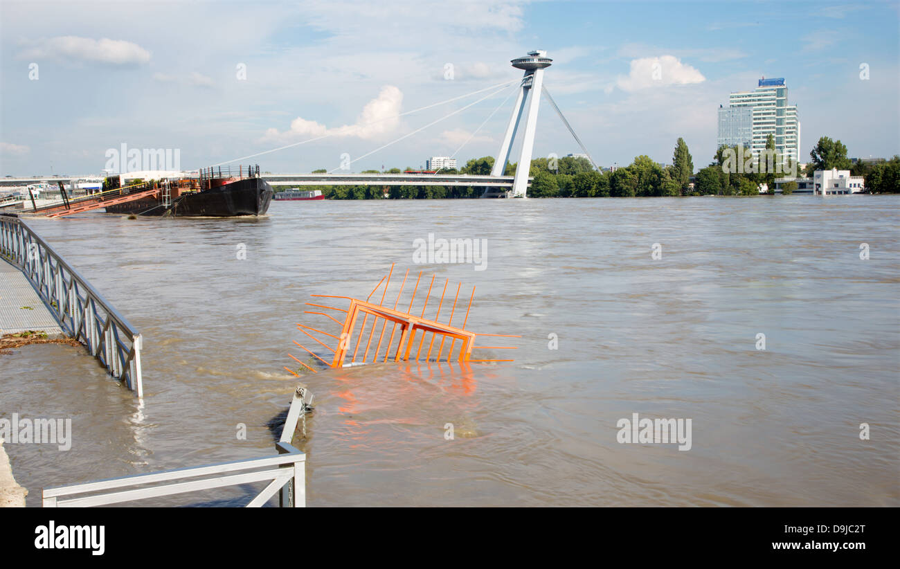 Bratislava - Danube at high flood by highest measured water and SNP bridge on 6 June, 2013 in Bratislava, Slovakia. Stock Photo