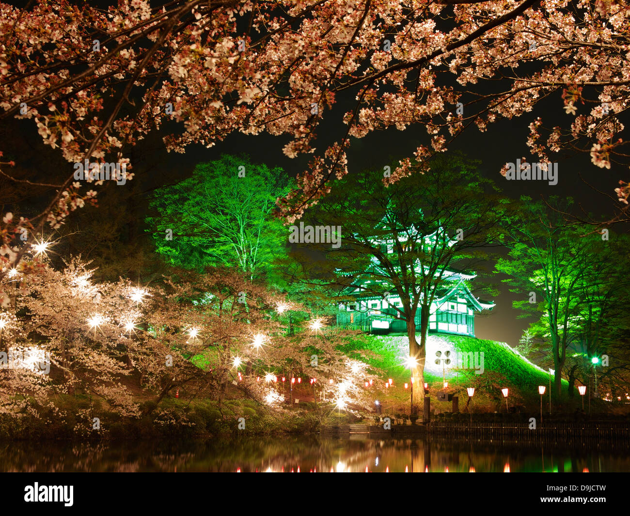 Takada Castle with Cherry Blossoms in Night Illumination, Niigata, Japan Stock Photo