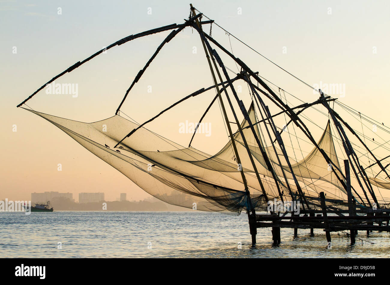 Chinese fishing net at sunrise in Cochin (Fort Kochi), Kerala, India