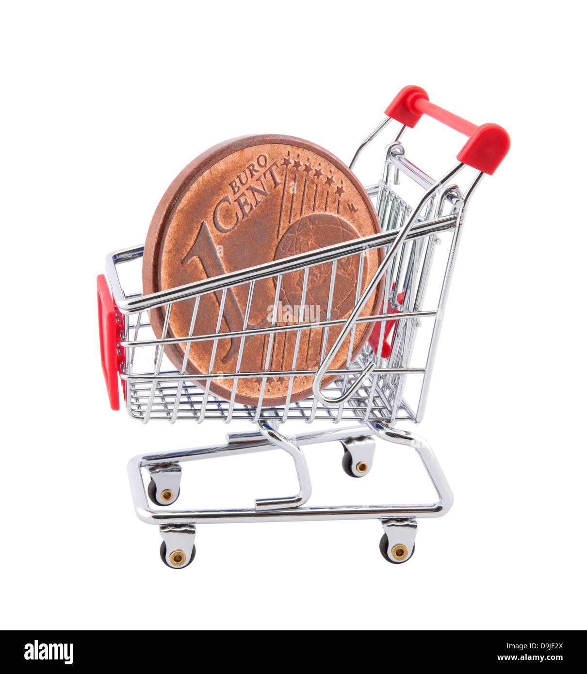 Shopping cart with euro cent coin on white background Stock Photo