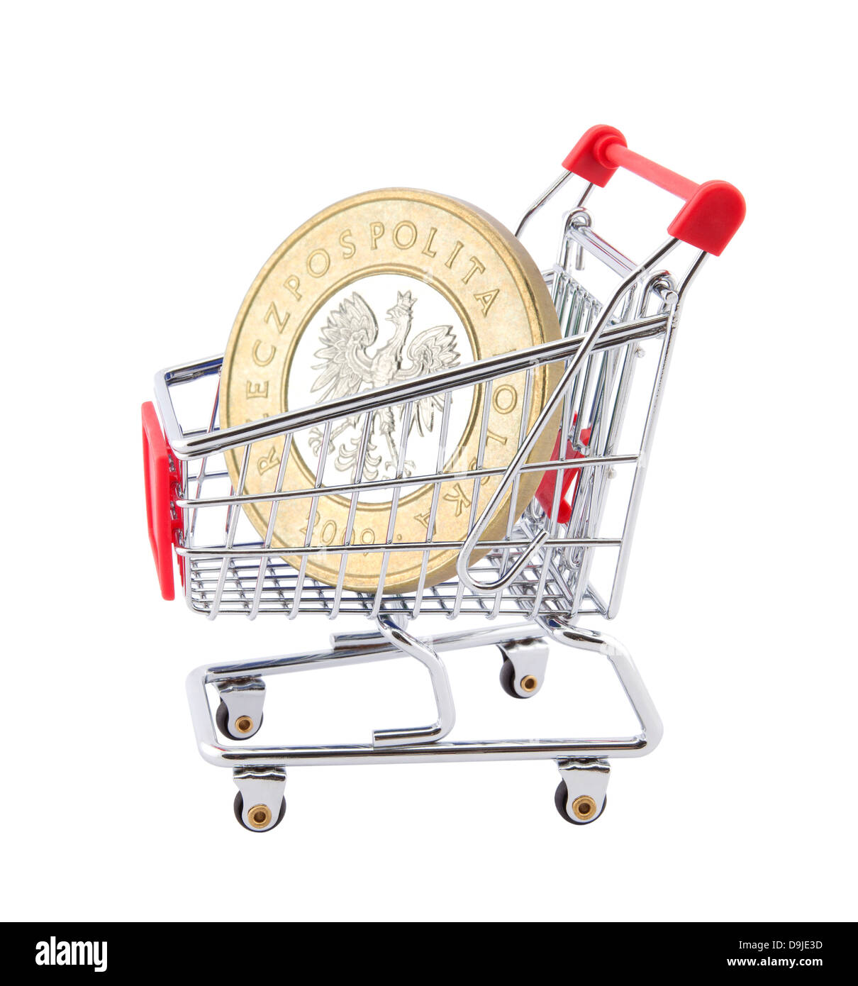 Shopping cart with polish coin on white background Stock Photo
