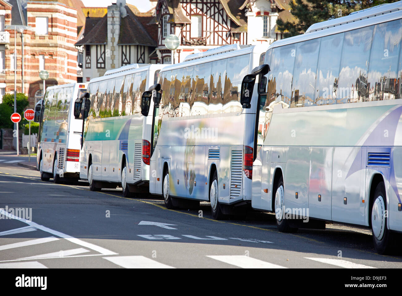 Tour Buses in the City, France, Normandy Stock Photo