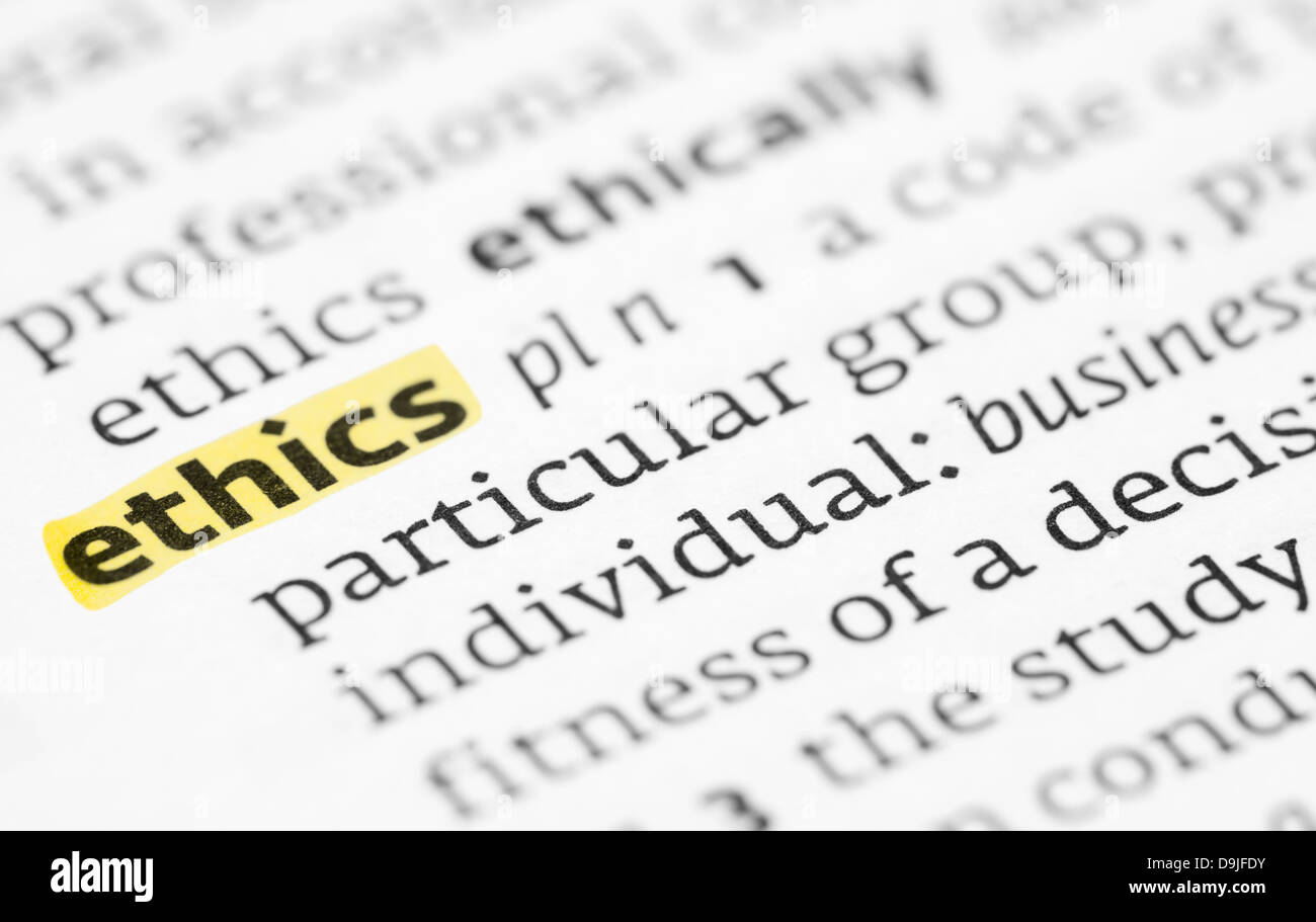 The word ethics highlighted in a dictionary Stock Photo