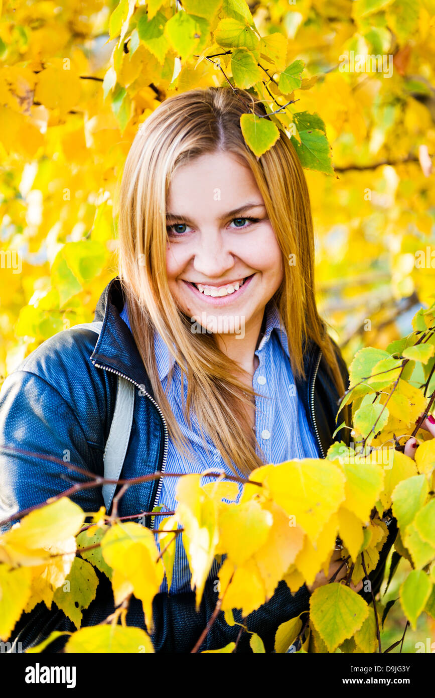 close up portrait of autumn woman with yellow leaves Stock Photo - Alamy