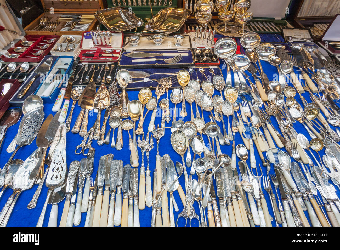 England, London, Covent Garden, Antique Silverware Display Stock Photo