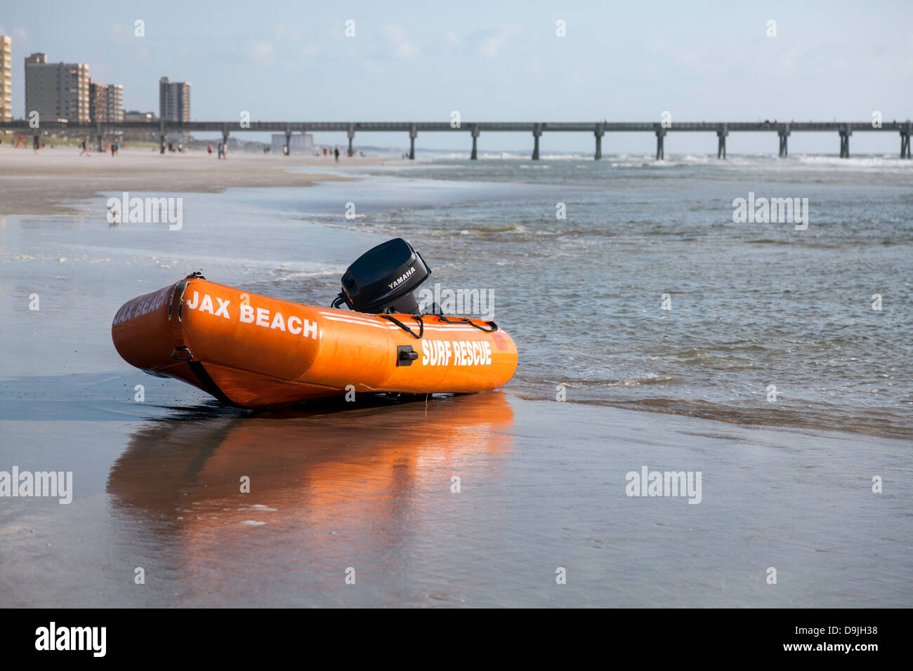 American Red Cross Volunteer Life Saving Corps orange inflatable surf rescue watercraft. Stock Photo