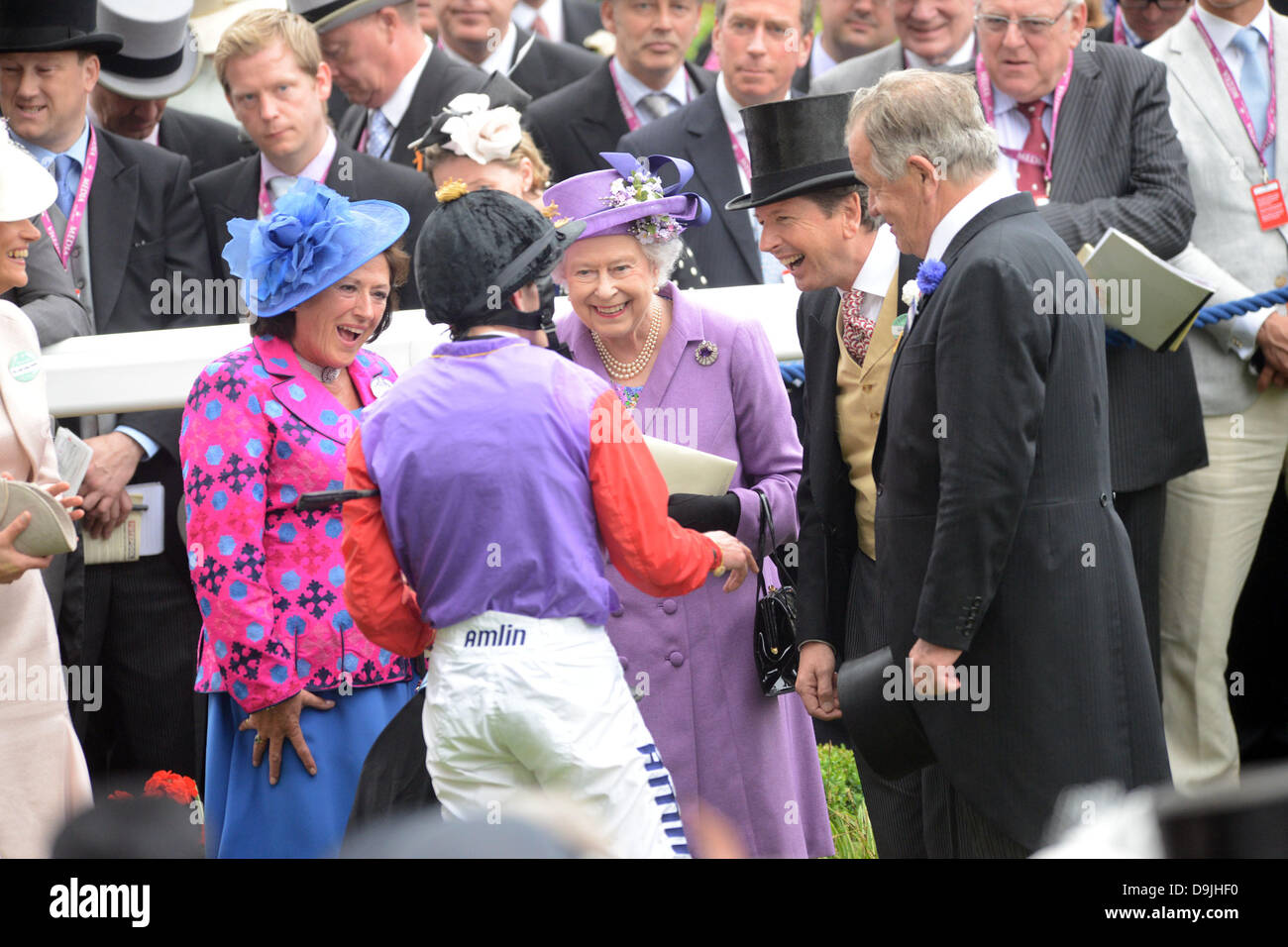 Ascot, Berkshire, UK. 20th June 2013.  HM Queen with jockey Ryan Moore after her horse Estimate won the Gold Cup on Ladies Day. Credit:  John Beasley/Alamy Live News Stock Photo