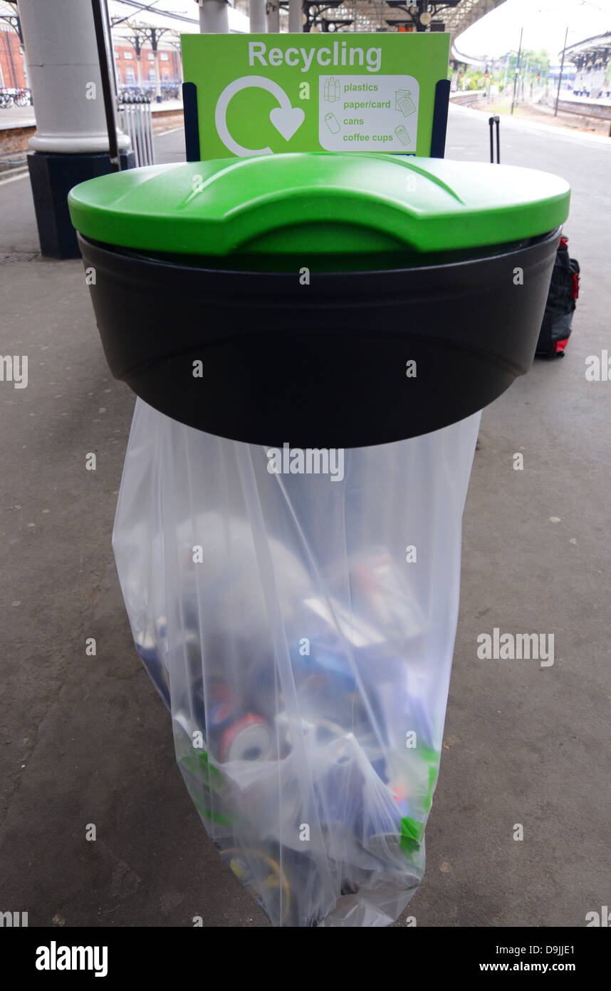 reycling bin for glass, paper,plastic and,tin cans at york railway station yorkshire united kingdom Stock Photo