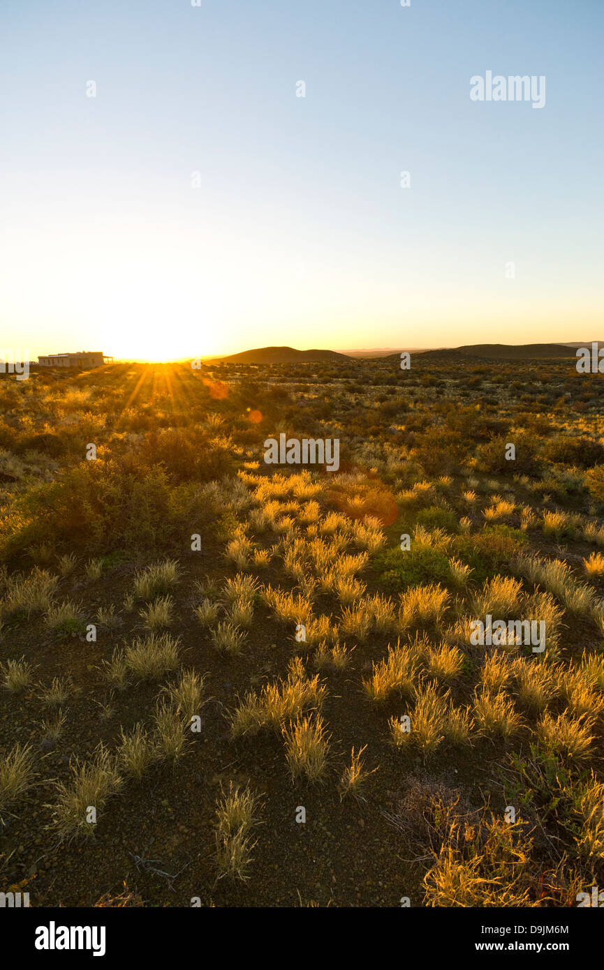 A lodge in the Karoo at sunset, Prince Albert, Western Cape, South Africa Stock Photo