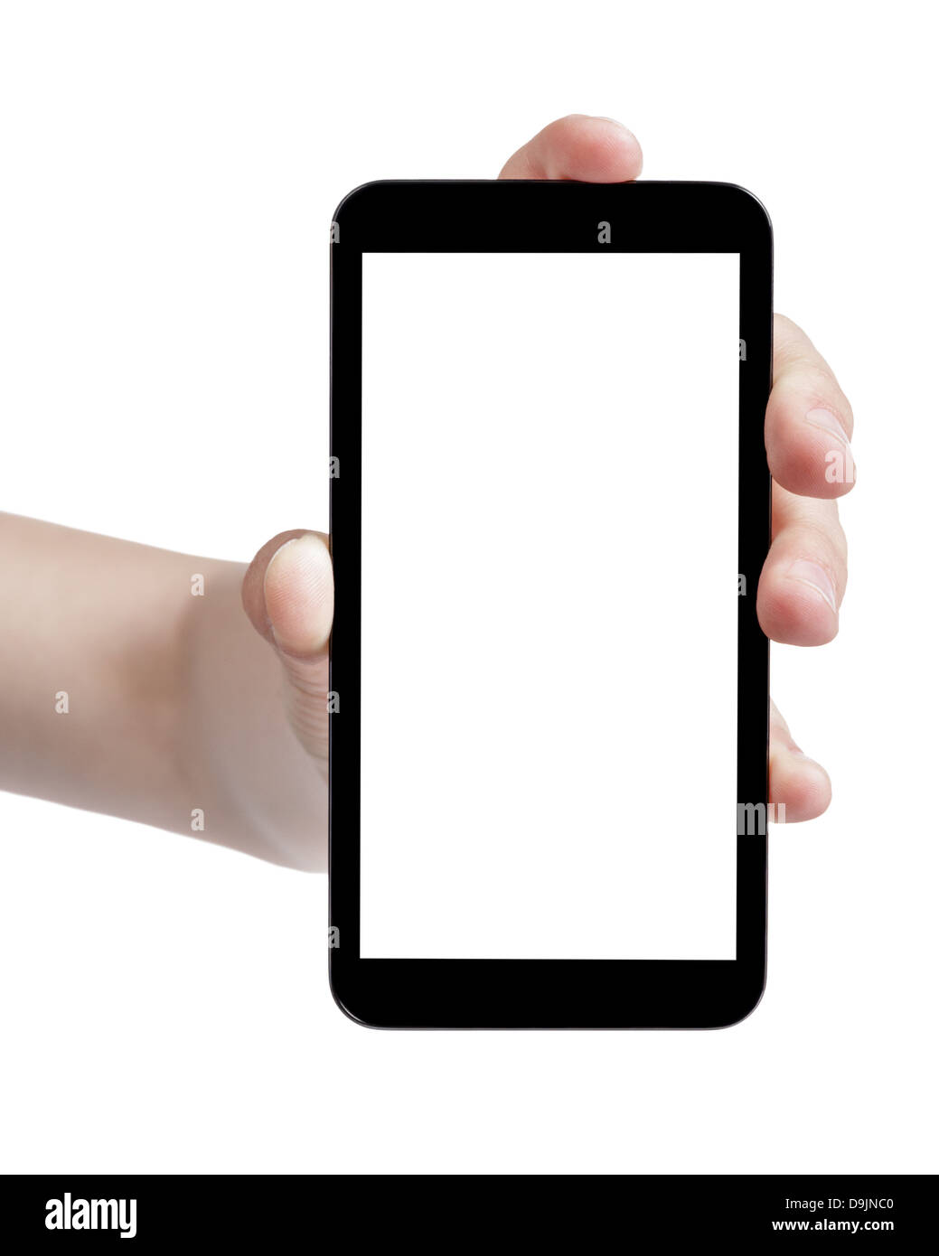 female teen hand holding generic touch device, isolated in white with ...