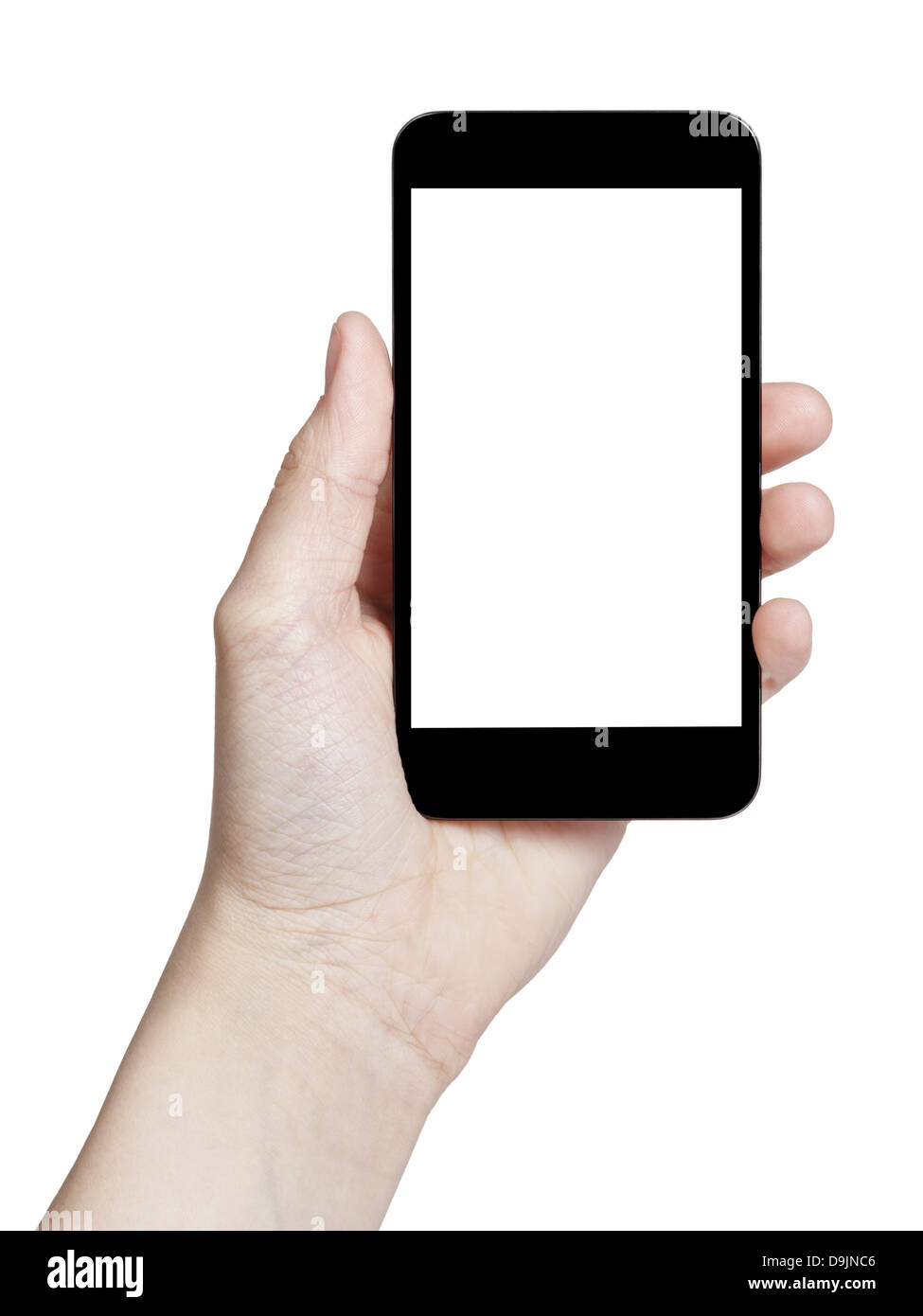 female teen hand holding generic touch device, isolated in white with ...