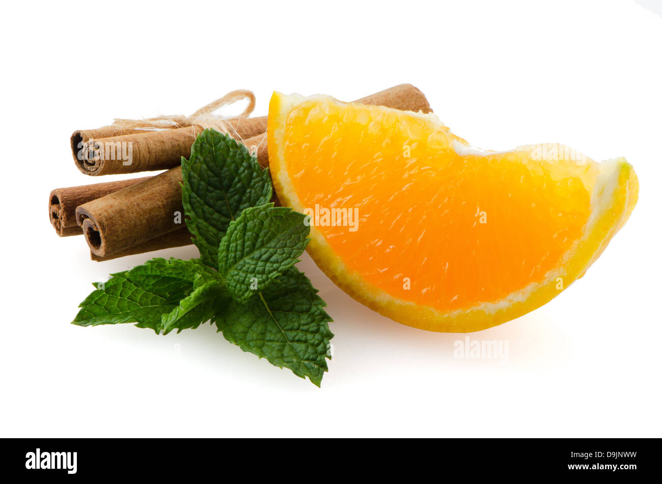 One orange fruit segment or cantle isolated on white background. Stock Photo