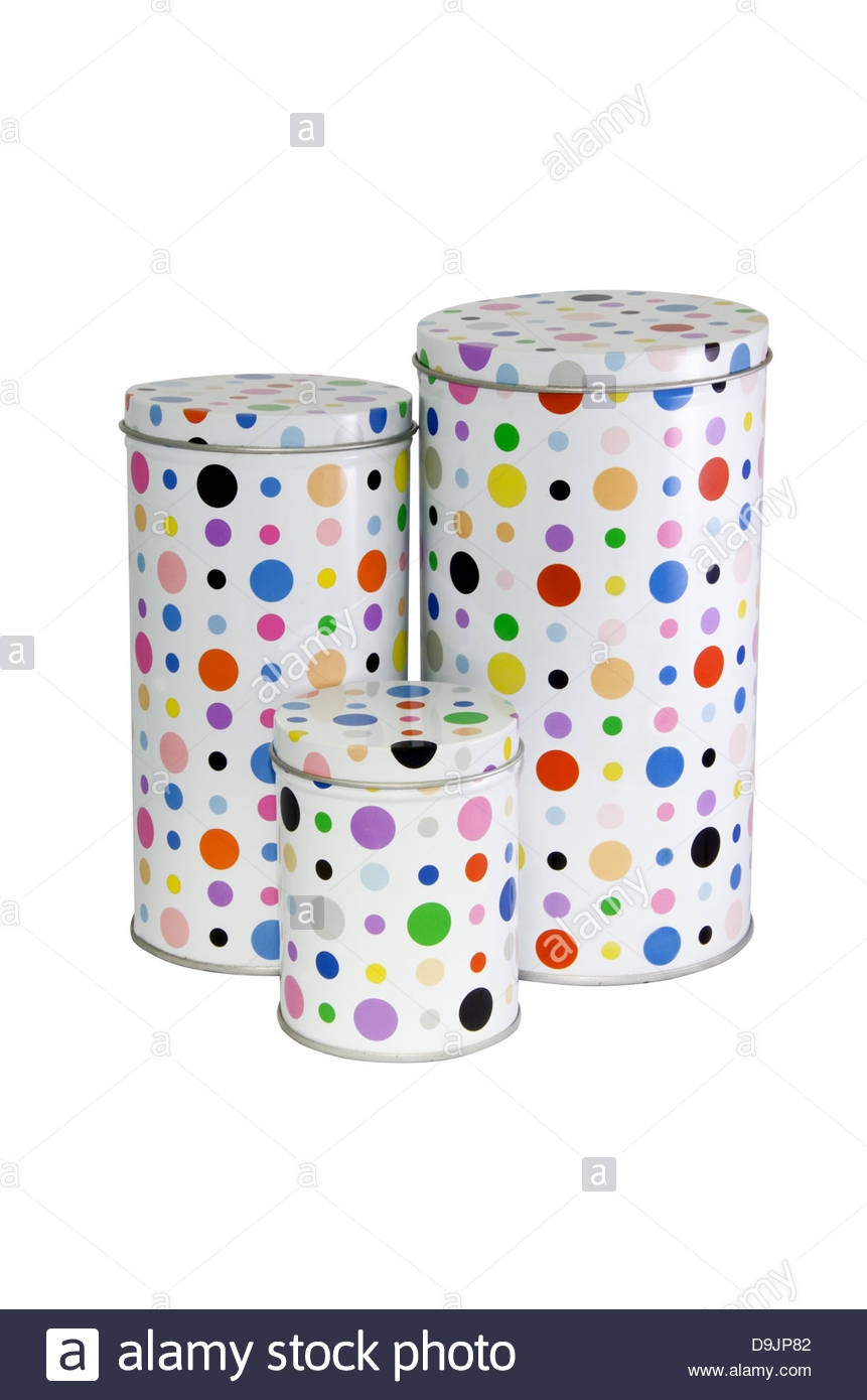 Three Metallic Tins With Circular Decoration Cans Are
