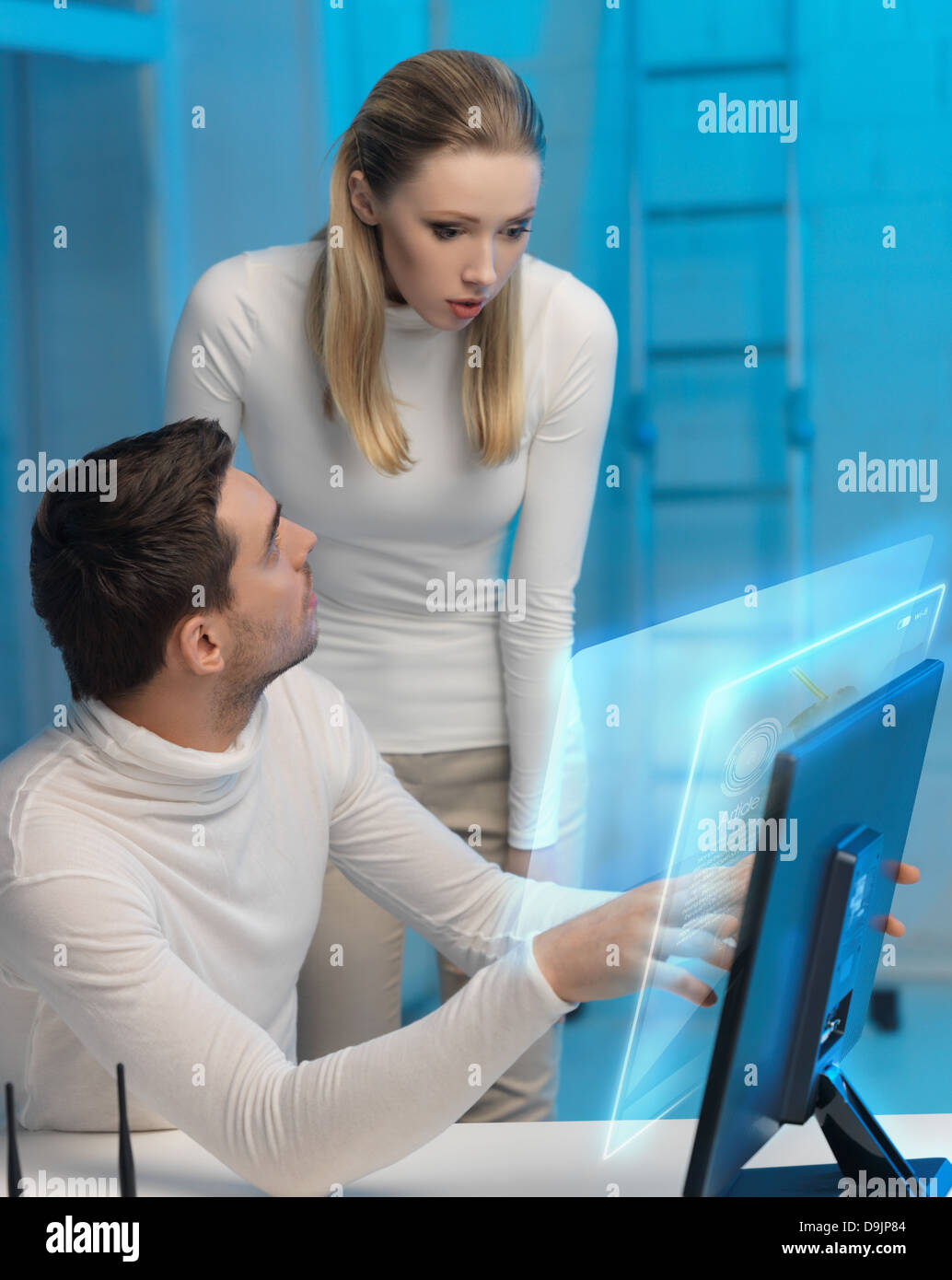 man and woman working with virtual screen Stock Photo