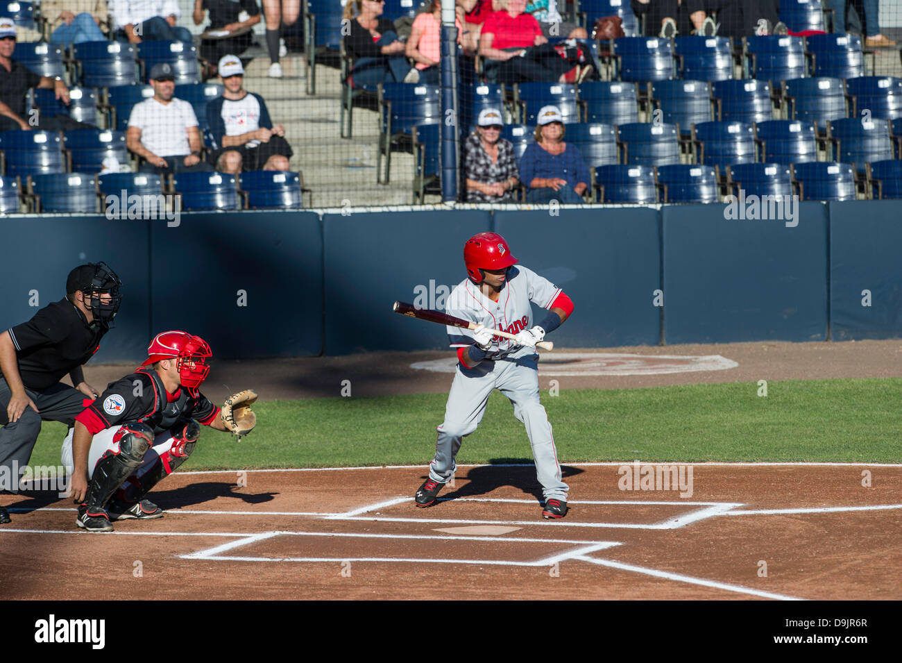 Vancouver , British Columbia, Canada. June 18 2013 . Spokane Indians center fielder Christopher Garia (3) ready to bunt at second home game between Vancouver Canadians and Spokane Indians at Scotiabank Field at Nat Bailey Stadium Vancouver , British Columbia Canada on June 18 2013 . Photographer Frank Pali/Alamy Live News Stock Photo