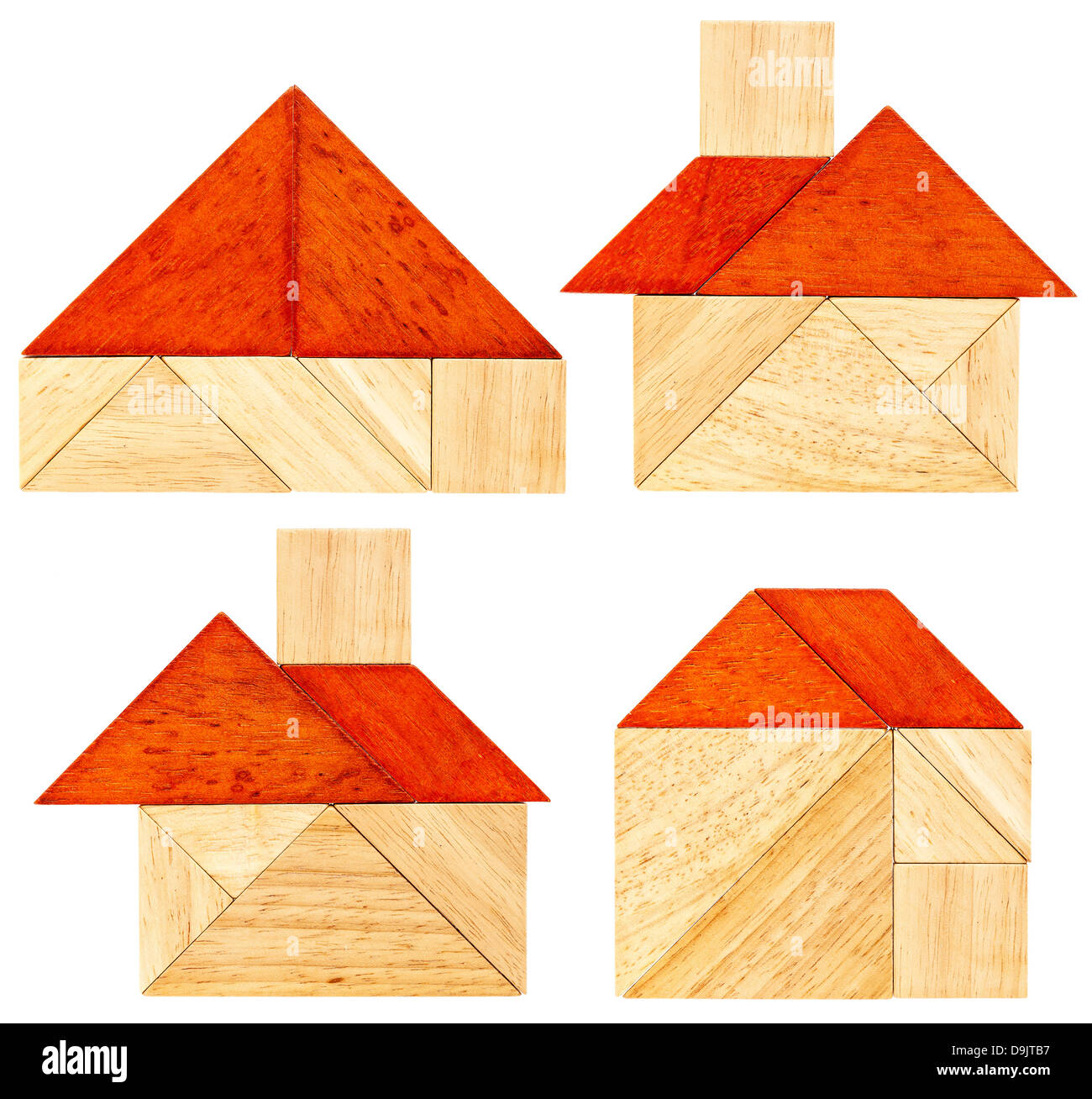 four abstract pictures of a house with a red roof built from seven tangram wooden pieces, a traditional Chinese puzzle game Stock Photo