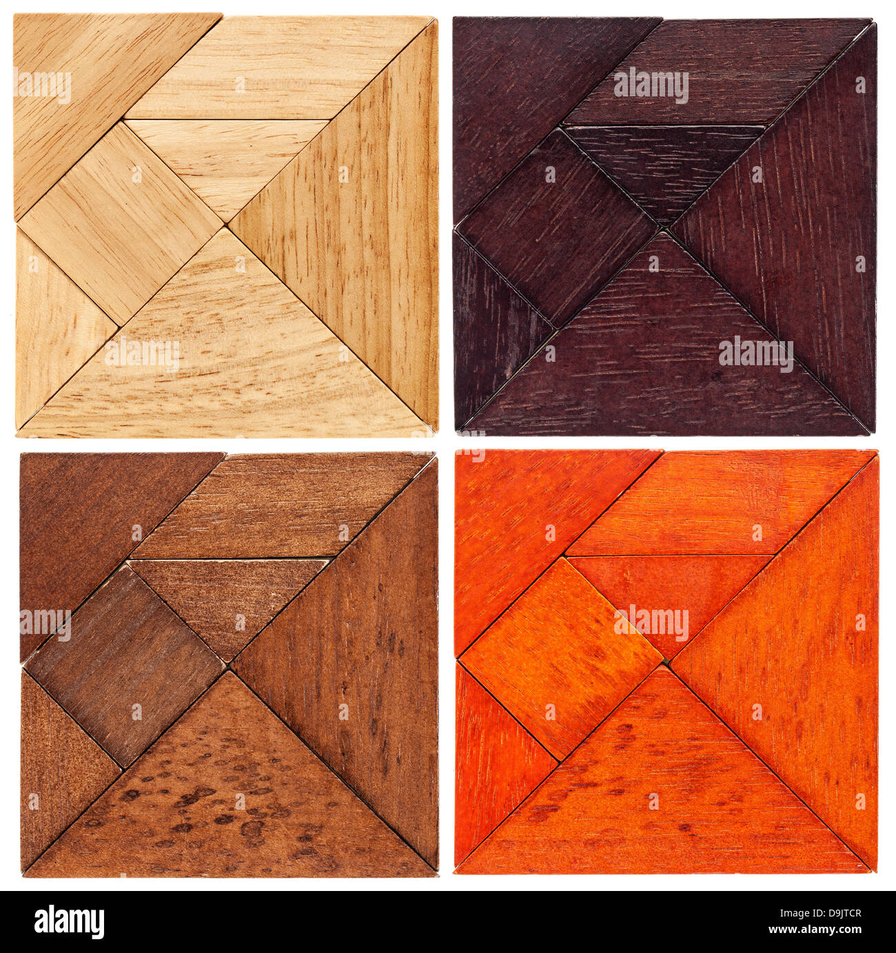 four tangram squares in different wood, a traditional Chinese puzzle game Stock Photo