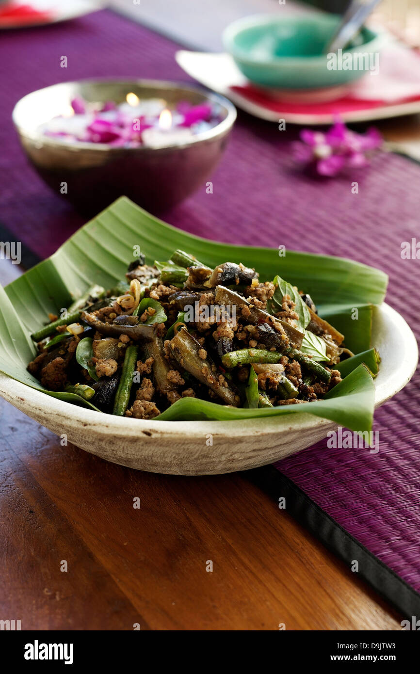 Thai eggplant stir fry with snake beans, pork mince, basil leaves and