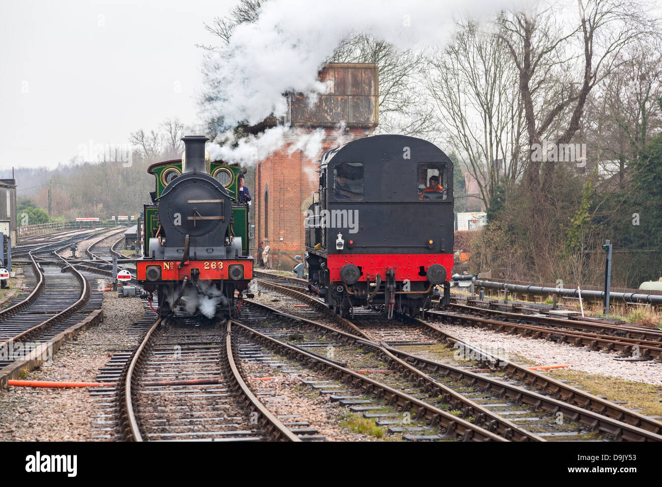 Two black steam railway engines at Bluebell Railway, Sussex, England Stock Photo