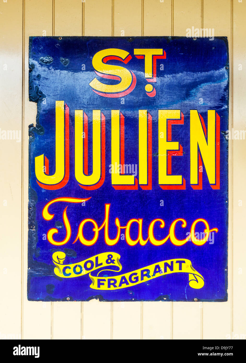 St Julien tobacco blue and yellow vintage enamel advertisement sign