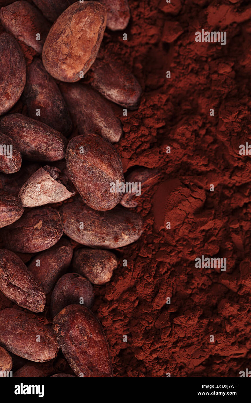cocoa beans and powder background Stock Photo - Alamy