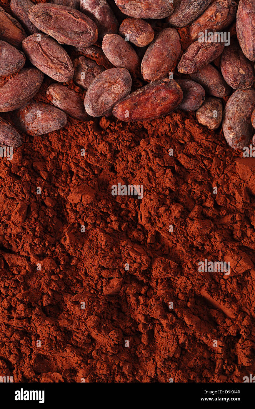 cocoa beans and powder background Stock Photo - Alamy