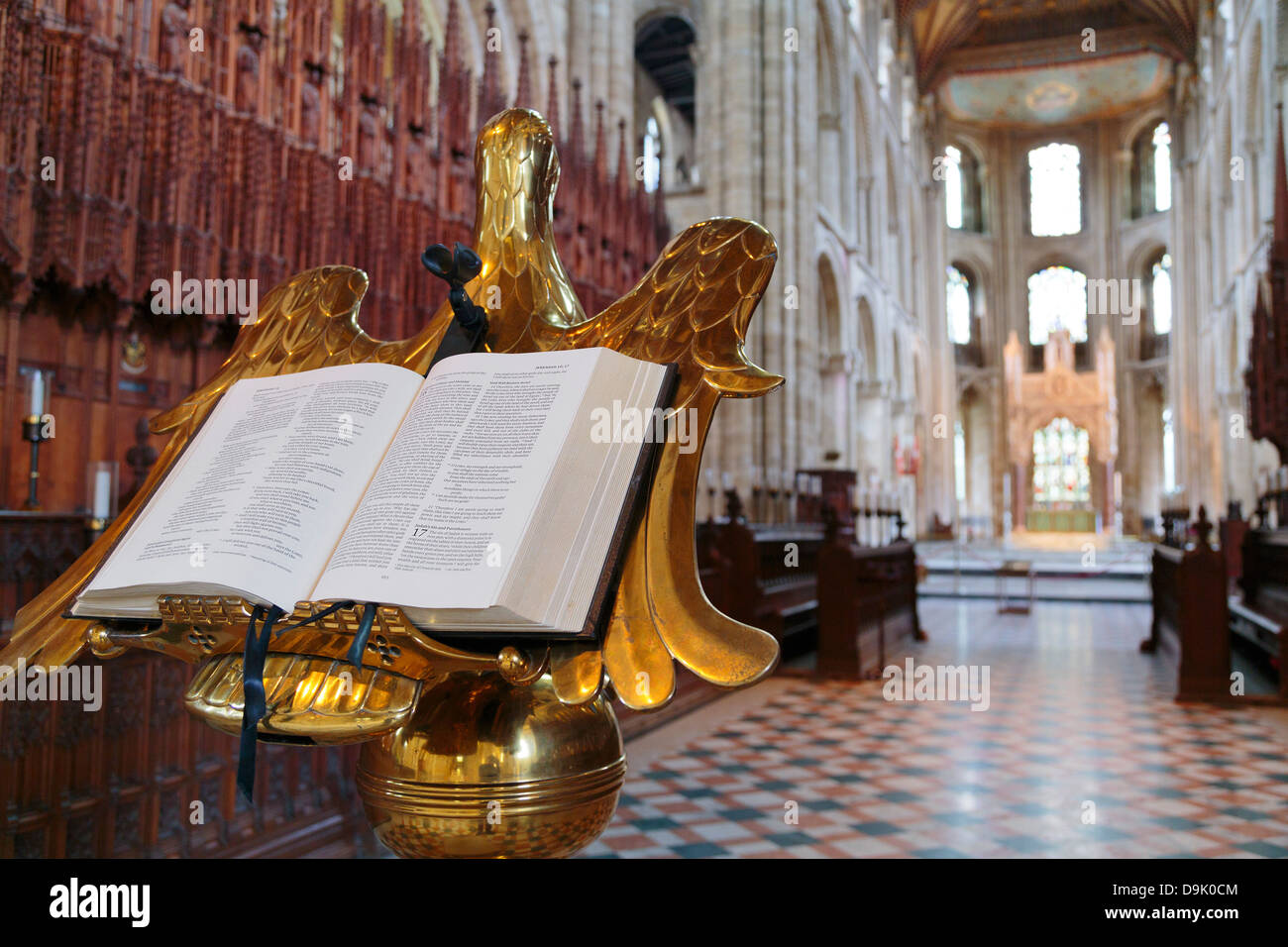 Bible on a golden stand shaped like an eagle at Peterborough Cathedral