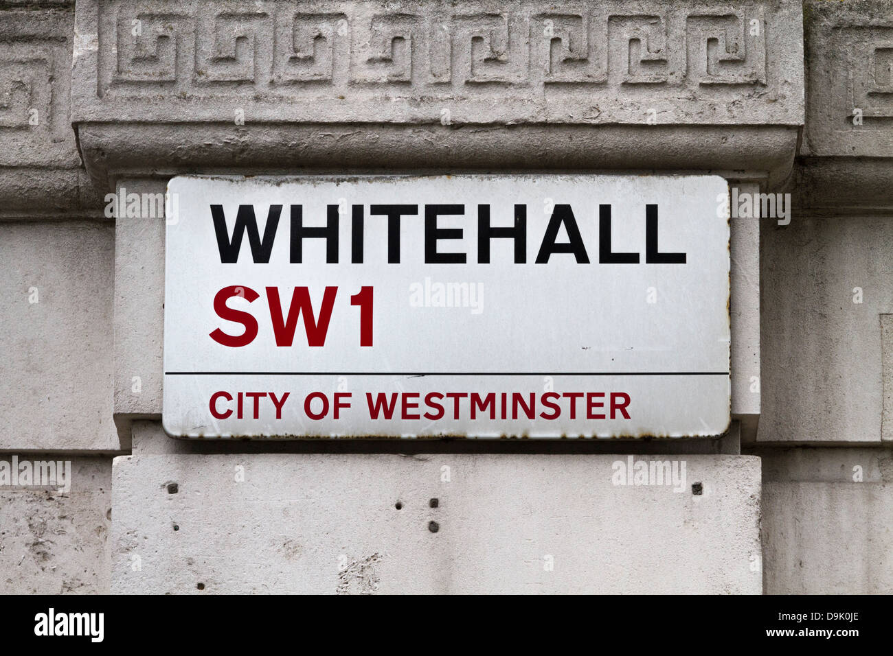 Whitehall street sign high on wall near Downing Street, Westminster, London, UK Stock Photo