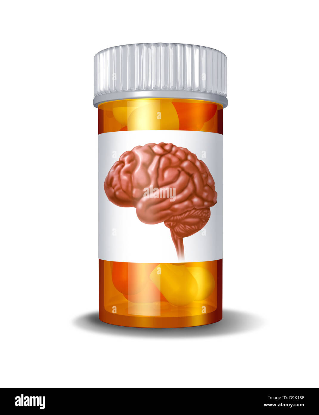 Psychiatric drugs and brain medicine medical concept with a prescription medication bottle with pills inside and a label with an image of a human brain for health care and pharmaceutical therapy. Stock Photo