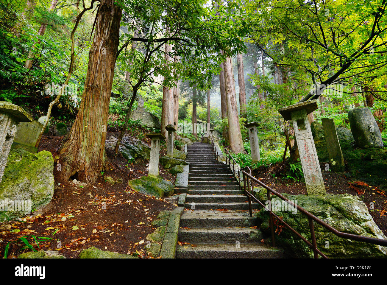 Walking trail to Yamadera Mountain Temple in Yamagata, Japan. Stock Photo