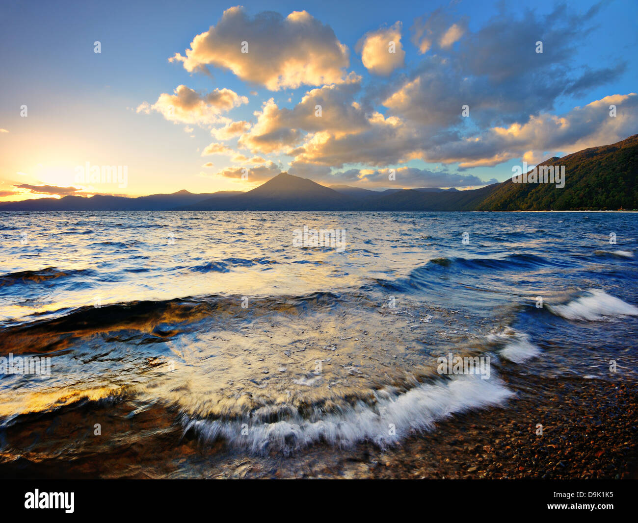 Lake Shikotsu at sunset in Hokkaido, Japan. Stock Photo