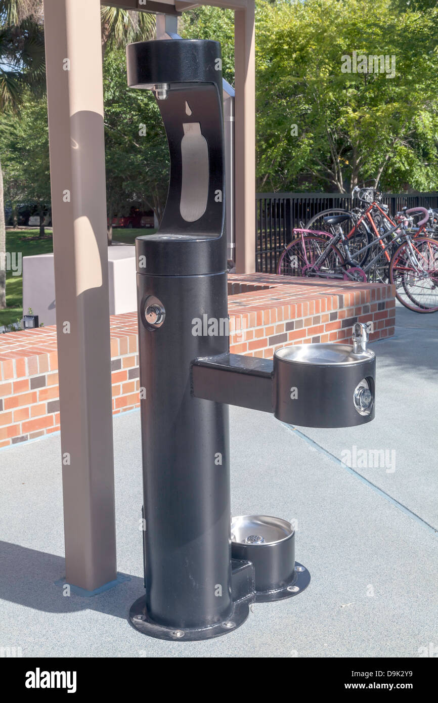 Public water fountain includes three faucets; one for people, one for filling water bottles and one at ground level for dogs. Stock Photo
